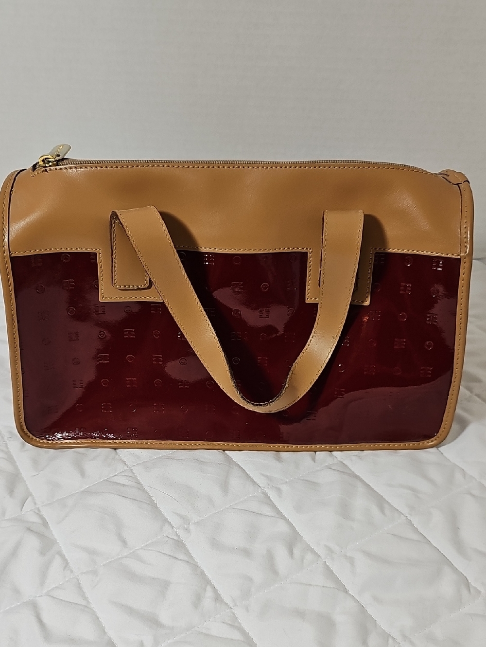 Vintage Arcadia Two-Tone Patent Satchel in Tan and Deep Burgundy